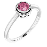 14K Gold Natural Pink Tourmaline Milgrain Bezel-Set Solitaire Birthstone Ring - White Gold