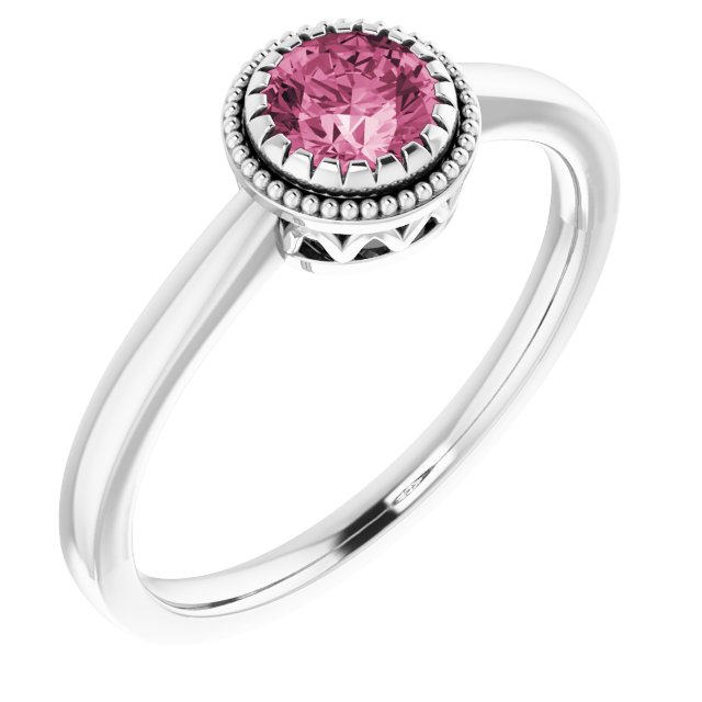 14K Gold Natural Pink Tourmaline Milgrain Bezel-Set Solitaire Birthstone Ring - White Gold