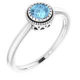 14K Gold Natural Aquamarine Milgrain Bezel-Set Solitaire Birthstone Ring - White Gold