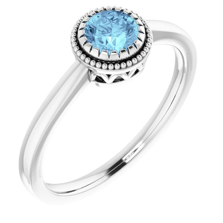 14K Gold Natural Aquamarine Milgrain Bezel-Set Solitaire Birthstone Ring - White Gold