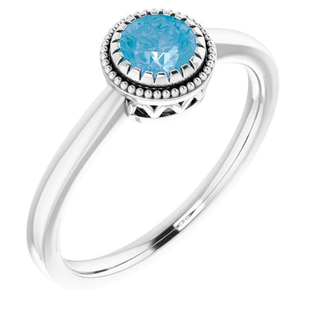 14K Gold Natural Swiss Blue Topaz Milgrain Bezel-Set Solitaire Birthstone Ring - White Gold