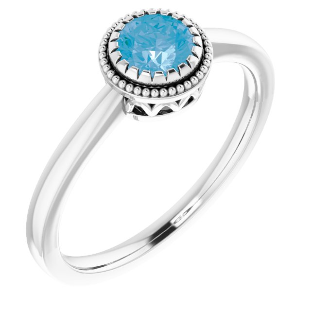14K Gold Natural Swiss Blue Topaz Milgrain Bezel-Set Solitaire Birthstone Ring - White Gold