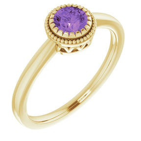 14K Gold Natural Amethyst Milgrain Bezel-Set Solitaire Birthstone Ring - Yellow Gold