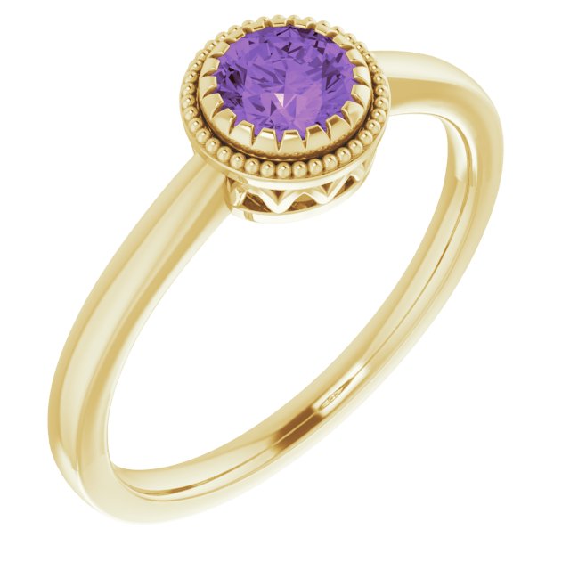 14K Gold Natural Amethyst Milgrain Bezel-Set Solitaire Birthstone Ring - Yellow Gold