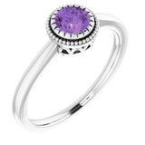 14K Gold Natural Amethyst Milgrain Bezel-Set Solitaire Birthstone Ring - White Gold