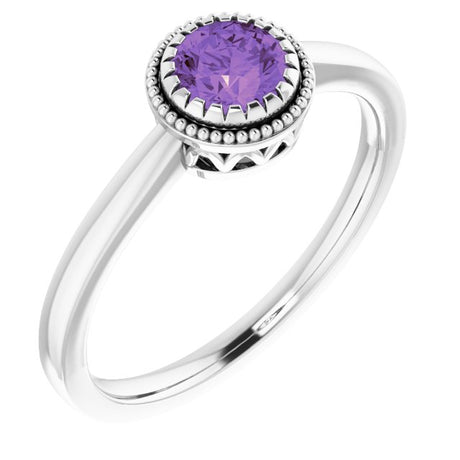 14K Gold Natural Amethyst Milgrain Bezel-Set Solitaire Birthstone Ring - White Gold