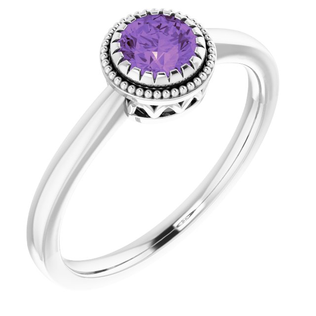 14K Gold Natural Amethyst Milgrain Bezel-Set Solitaire Birthstone Ring - White Gold
