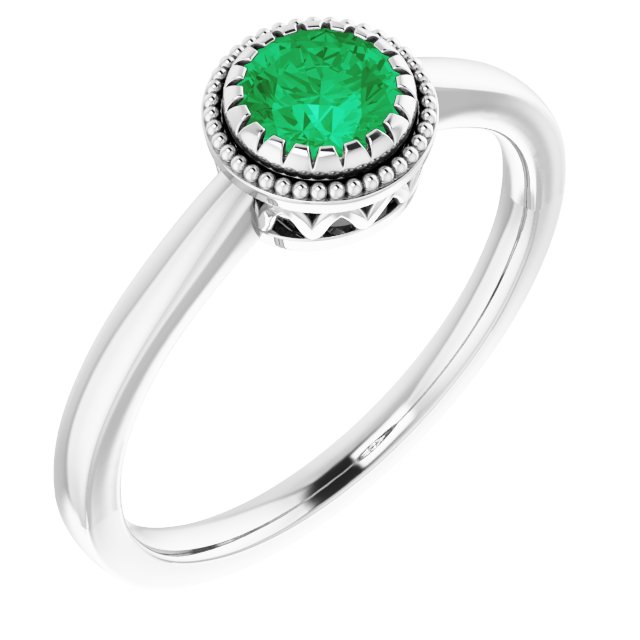 14K Gold Natural Emerald Milgrain Bezel-Set Solitaire Birthstone Ring - White Gold