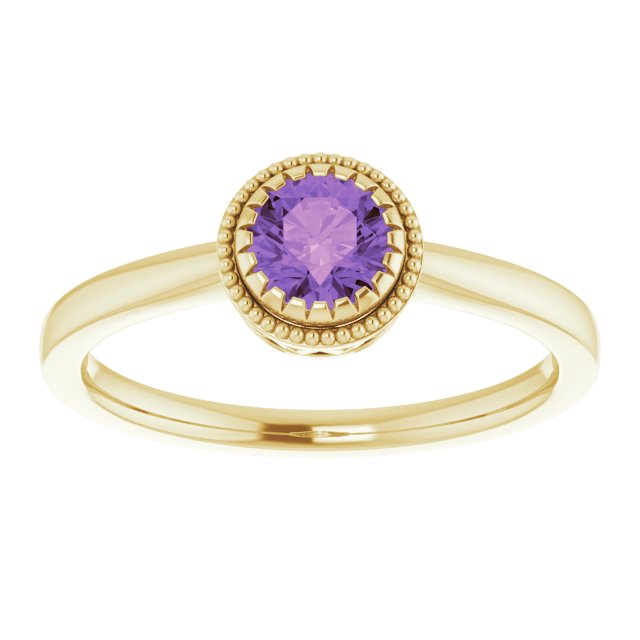 14K Gold Natural Amethyst Milgrain Bezel-Set Solitaire Birthstone Ring - Yellow Gold - view 3