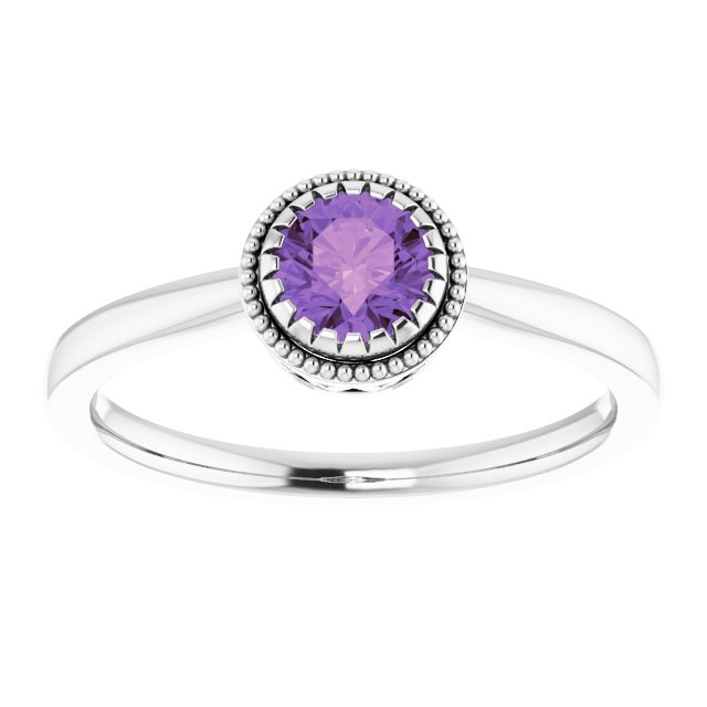 14K Gold Natural Amethyst Milgrain Bezel-Set Solitaire Birthstone Ring - White Gold - view 3