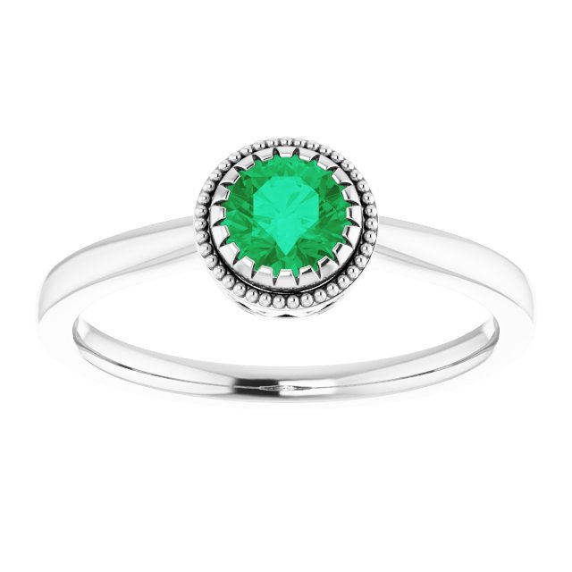 14K Gold Natural Emerald Milgrain Bezel-Set Solitaire Birthstone Ring - White Gold - view 3