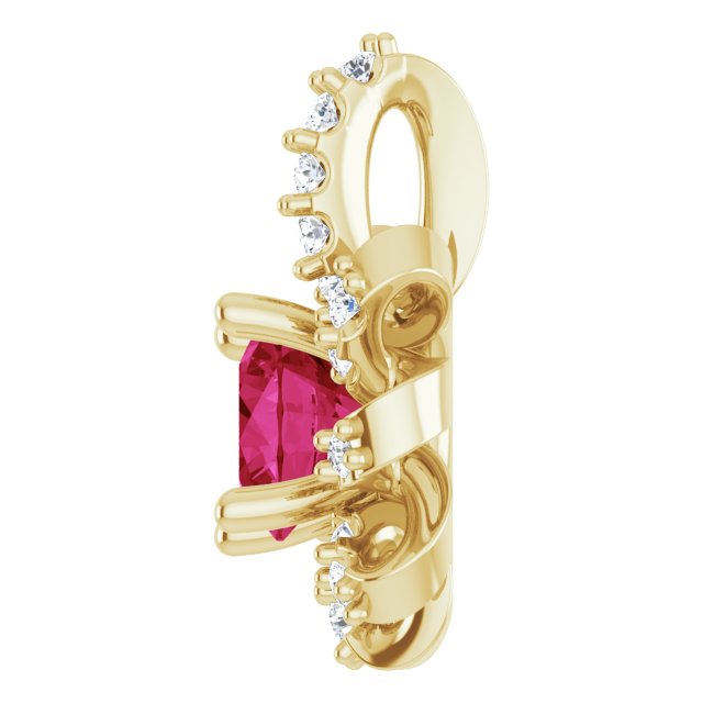 14K Gold Round Lab-Grown Ruby & Natural Diamond Halo-Style Necklace or Pendant - Yellow Gold - view 3