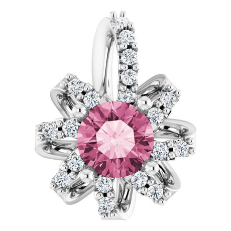 Platinum Round Natural Pink Tourmaline & Natural Diamond Halo-Style Necklace or Pendant – 0.07 CTW