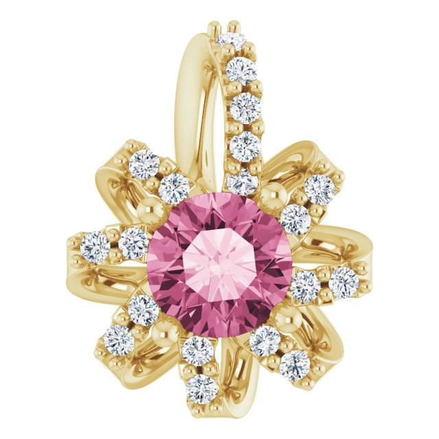 14K Gold Round Natural Pink Tourmaline & Natural Diamond Halo-Style Necklace or Pendant – 0.07 CTW - Yellow Gold
