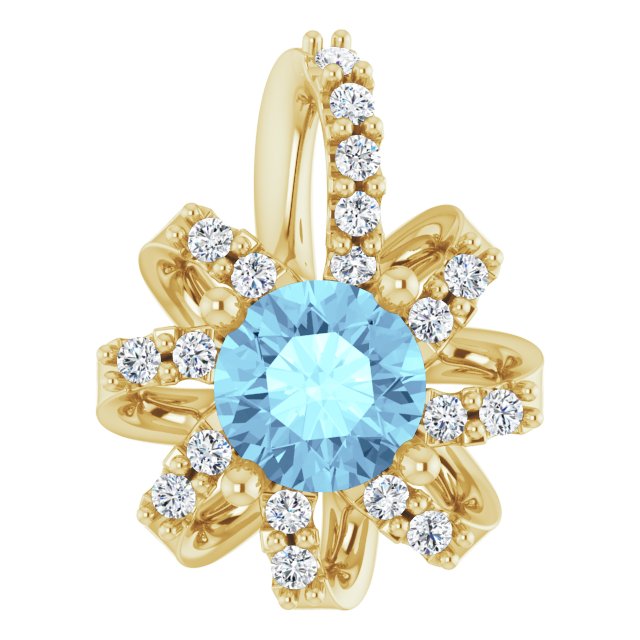 14K Gold Round Natural Aquamarine & Natural Diamond Halo-Style Necklace or Pendant - Yellow Gold
