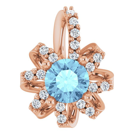 14K Gold Round Natural Aquamarine & Natural Diamond Halo-Style Necklace or Pendant - Rose Gold
