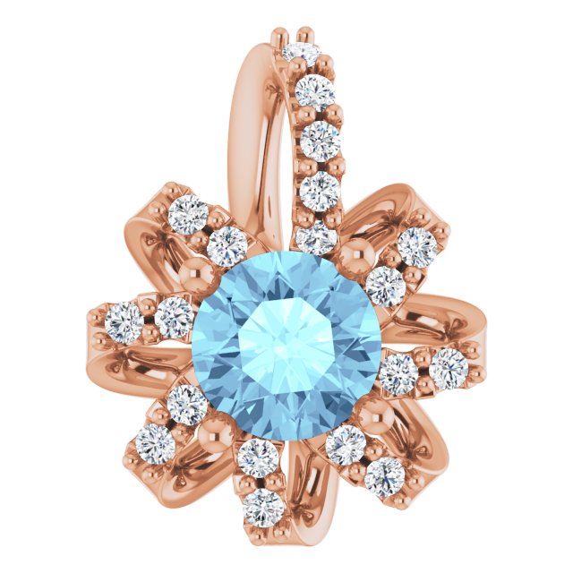 14K Gold Round Natural Aquamarine & Natural Diamond Halo-Style Necklace or Pendant - Rose Gold