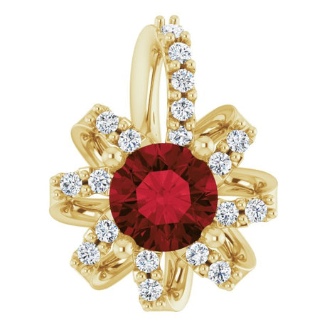 14K Gold Round Natural Mozambique Garnet & Natural Diamond Halo-Style Necklace or Pendant – 0.07 CTW - Yellow Gold