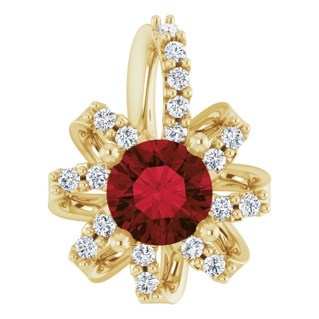 14K Gold Round Natural Mozambique Garnet & Natural Diamond Halo-Style Necklace or Pendant – 0.07 CTW - Yellow Gold