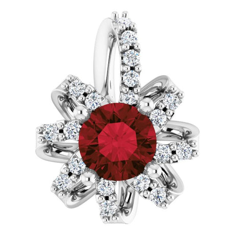 Platinum Round Natural Mozambique Garnet & Natural Diamond Halo-Style Necklace or Pendant – 0.07 CTW