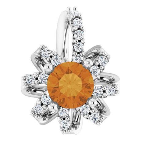 Platinum Round Natural Citrine & Natural Diamond Halo-Style Necklace or Pendant
