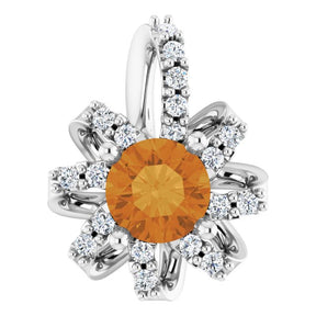 14K Gold Round Natural Citrine & Natural Diamond Halo-Style Necklace or Pendant - White Gold