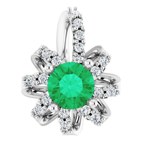 Platinum Round Natural Emerald & Natural Diamond Halo-Style Necklace or Pendant