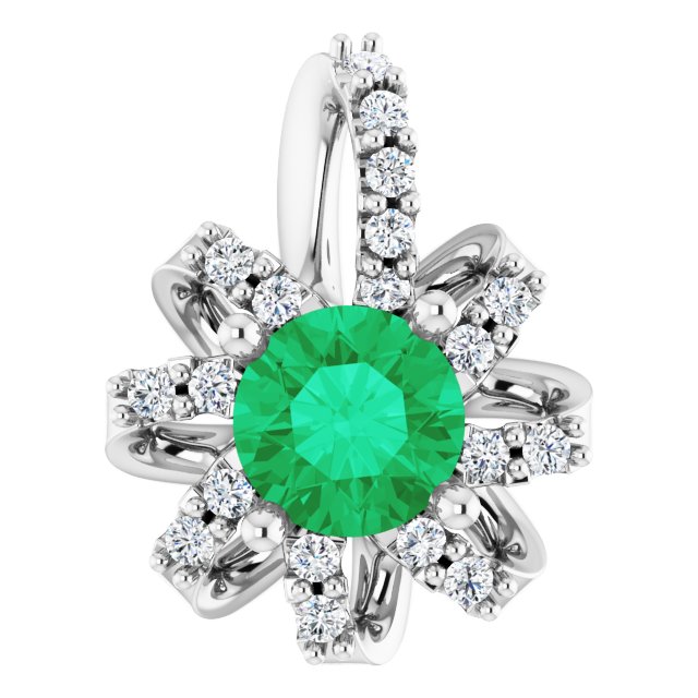 14K Gold Round Natural Emerald & Natural Diamond Halo-Style Necklace or Pendant - White Gold