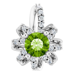 14K Gold Round Natural Peridot & Natural Diamond Halo-Style Necklace or Pendant - White Gold