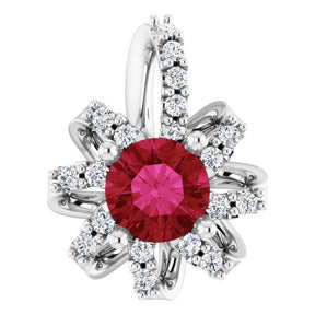 14K Gold Round Lab-Grown Ruby & Natural Diamond Halo-Style Necklace or Pendant - White Gold