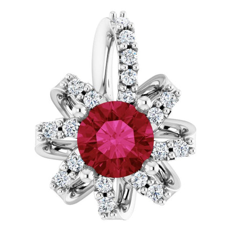 14K Gold Round Lab-Grown Ruby & Natural Diamond Halo-Style Necklace or Pendant - White Gold