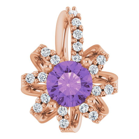 14K Gold Round Natural Amethyst & Natural Diamond Halo-Style Necklace or Pendant – 0.07 CTW - Rose Gold