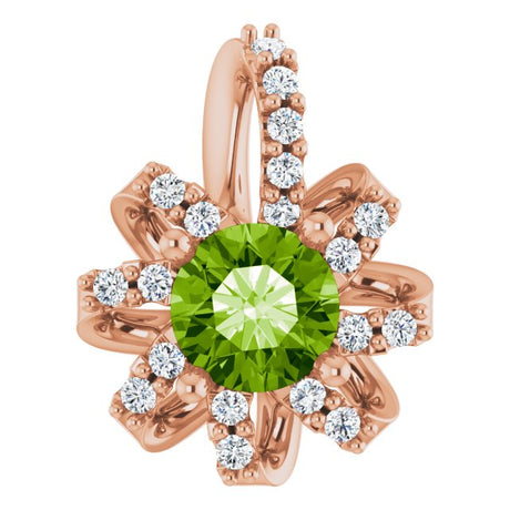 14K Gold Round Natural Peridot & Natural Diamond Halo-Style Necklace or Pendant - Rose Gold