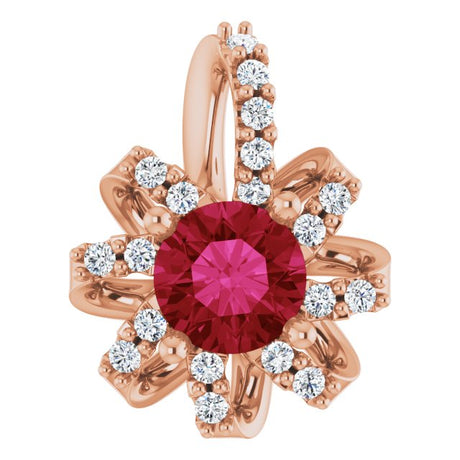 14K Gold Round Lab-Grown Ruby & Natural Diamond Halo-Style Necklace or Pendant - Rose Gold