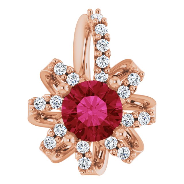 14K Gold Round Lab-Grown Ruby & Natural Diamond Halo-Style Necklace or Pendant - Rose Gold