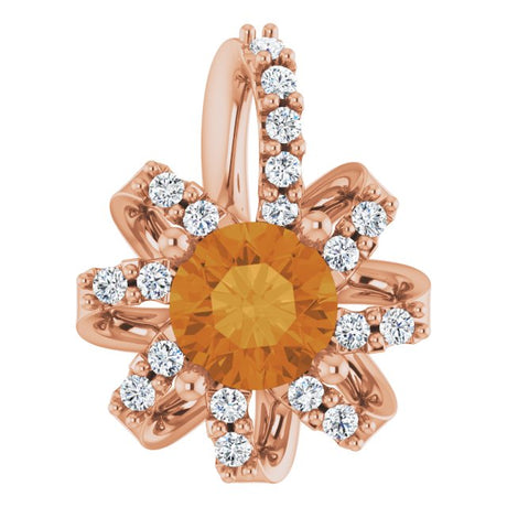 14K Gold Round Natural Citrine & Natural Diamond Halo-Style Necklace or Pendant - Rose Gold