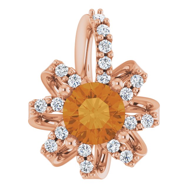 14K Gold Round Natural Citrine & Natural Diamond Halo-Style Necklace or Pendant - Rose Gold