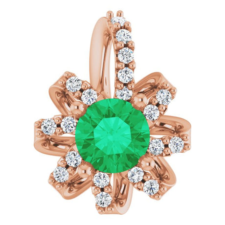 14K Gold Round Natural Emerald & Natural Diamond Halo-Style Necklace or Pendant - Rose Gold