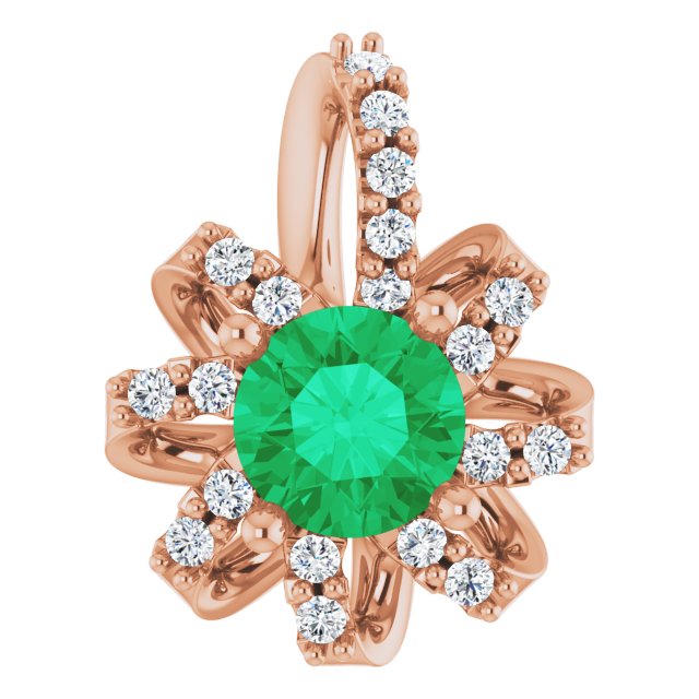 14K Gold Round Natural Emerald & Natural Diamond Halo-Style Necklace or Pendant - Rose Gold