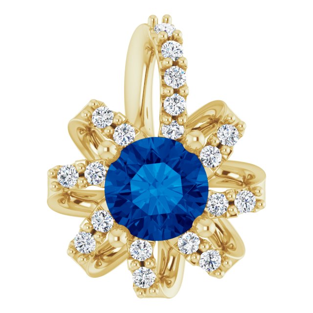 14K Gold Round Natural Blue Sapphire & Natural Diamond Halo-Style Necklace or Pendant – 0.07 CTW - Yellow Gold
