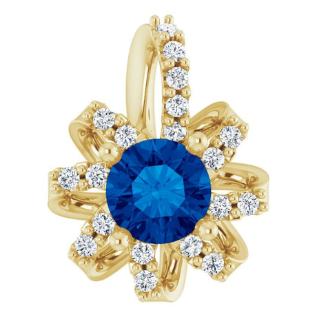 14K Gold Round Lab-Grown Blue Sapphire & Natural Diamond Halo-Style Necklace or Pendant – 0.07 CTW - Yellow Gold