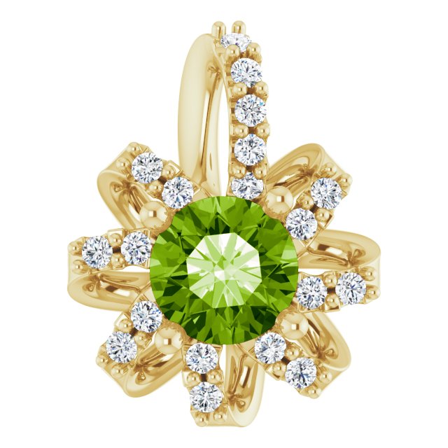 14K Gold Round Natural Peridot & Natural Diamond Halo-Style Necklace or Pendant - Yellow Gold
