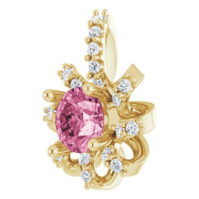 14K Gold Round Natural Pink Tourmaline & Natural Diamond Halo-Style Necklace or Pendant – 0.07 CTW - Yellow Gold - view 2