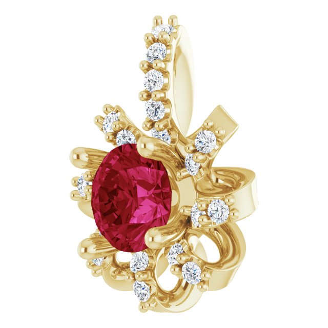 14K Gold Round Lab-Grown Ruby & Natural Diamond Halo-Style Necklace or Pendant - Yellow Gold - view 2
