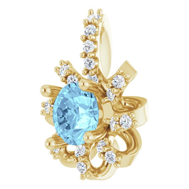 14K Gold Round Natural Aquamarine & Natural Diamond Halo-Style Necklace or Pendant - Yellow Gold - view 2