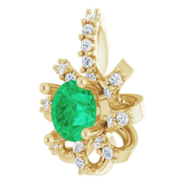 14K Gold Round Natural Emerald & Natural Diamond Halo-Style Necklace or Pendant - Yellow Gold - view 2