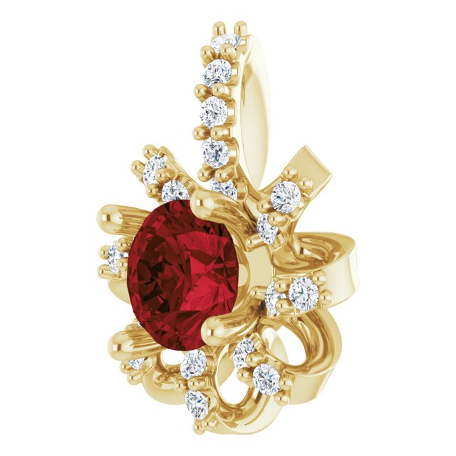 14K Gold Round Natural Mozambique Garnet & Natural Diamond Halo-Style Necklace or Pendant – 0.07 CTW - Yellow Gold - view 2