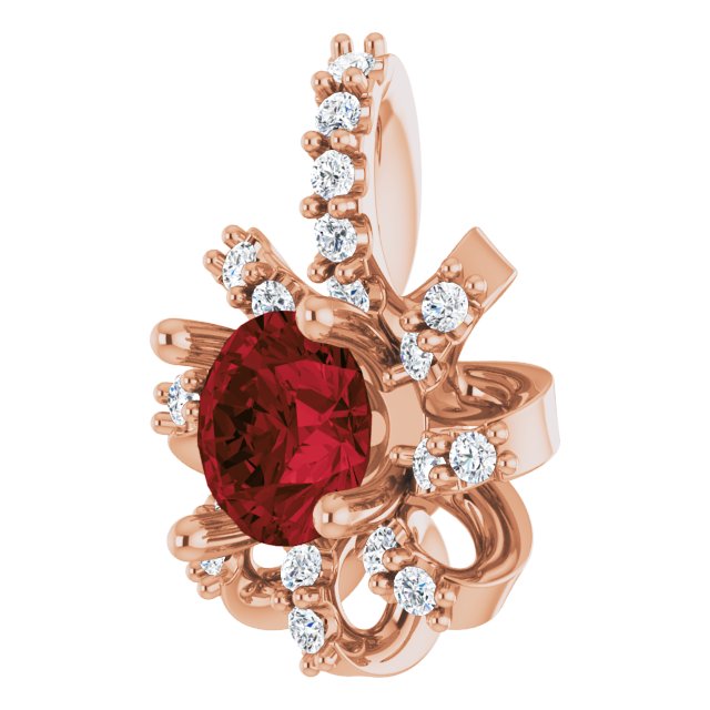 14K Gold Round Natural Mozambique Garnet & Natural Diamond Halo-Style Necklace or Pendant – 0.07 CTW - Rose Gold - view 2