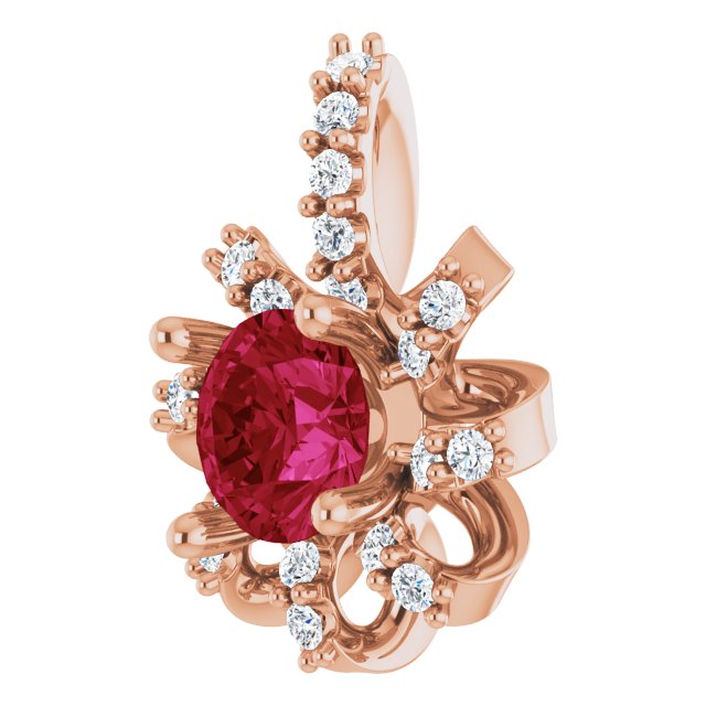 14K Gold Round Lab-Grown Ruby & Natural Diamond Halo-Style Necklace or Pendant - Rose Gold - view 2