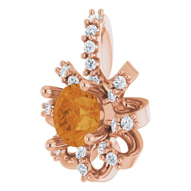 14K Gold Round Natural Citrine & Natural Diamond Halo-Style Necklace or Pendant - Rose Gold - view 2